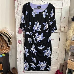 Connected Apparel Black and Blue Floral Midi Dress faux Wrap one side cinch 18W